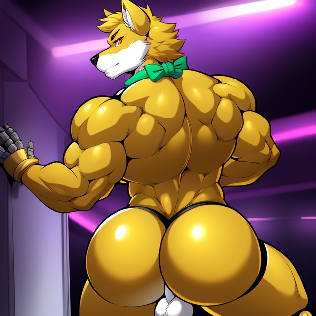 1boy 1furry 1male ai_generated animatronic animatronic_male anthro canid canine canis fang_(trtf) fazbear_fanverse five_nights_at_freddy's frosting.ai furry furry_ass furry_butt furry_male furry_only gay gay_male male male_only muscle muscles muscular muscular_anthro muscular_male orange_eyes sugar1989 the_return_to_freddy's wolf yellow_fur