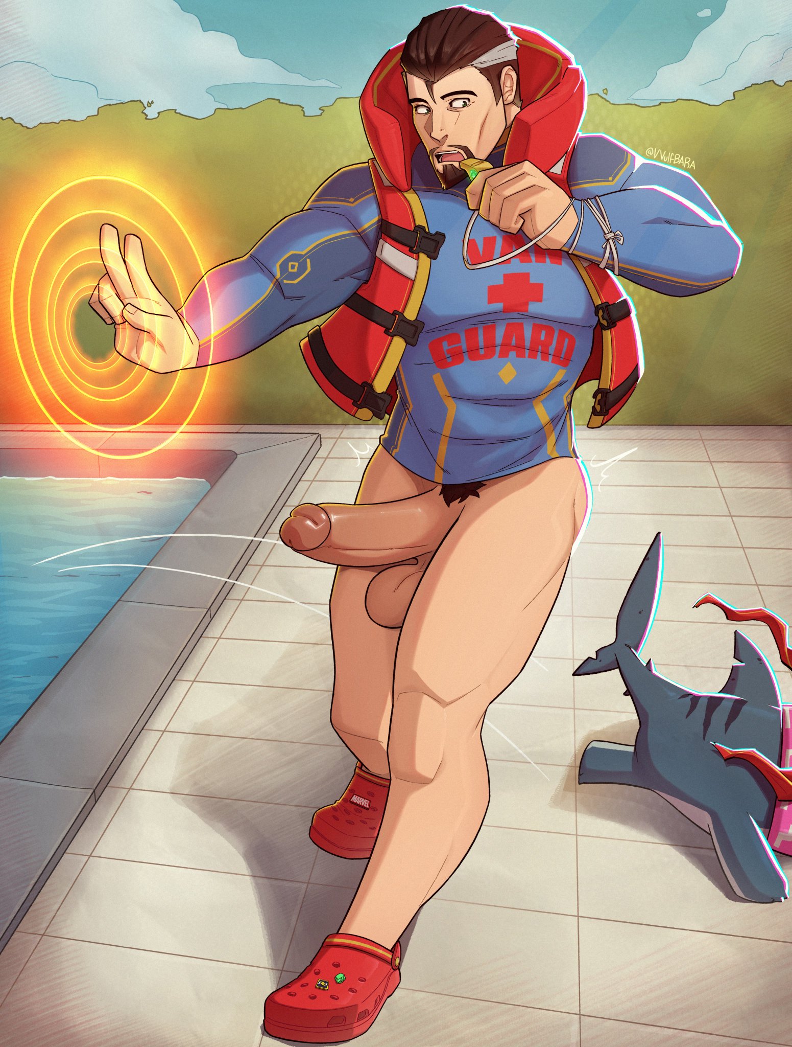 balls, bara, beard, boner, bottomless, bottomless male, clothed, clothing, crocs, doctor strange, doctor strange (marvel rivals), doctor strange (series), erect penis, erection, facial hair, full body, jeff the land shark, lifeguard, male, male focus, male only, marvel, marvel comics, marvel rivals, muscular, muscular male, partially clothed, penis, pubes, pubic hair, solo, solo male, stephen strange, vvulfbara, yaoi