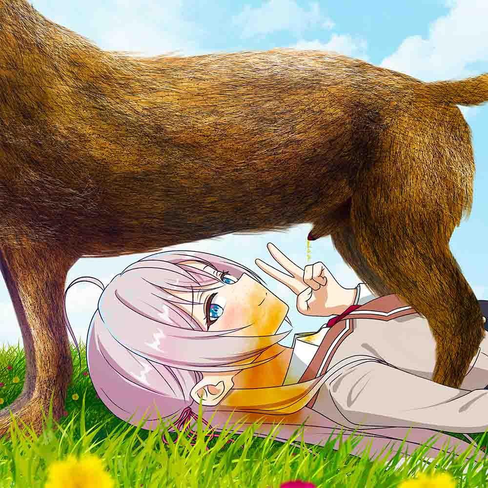 1girls ahoge alisa_mikhailovna_kujou animal animal_penis blue_eyes canine closed_mouth drinking_pee drinking_urine grass looking_at_viewer lying mushikingubaku outdoors peeing peeing_on_another peeing_on_face piss_drinking purple_hair school_uniform tokidoki_bosotto_russian_de_dereru_tonari_no_alya-san urination urine v zoophilia