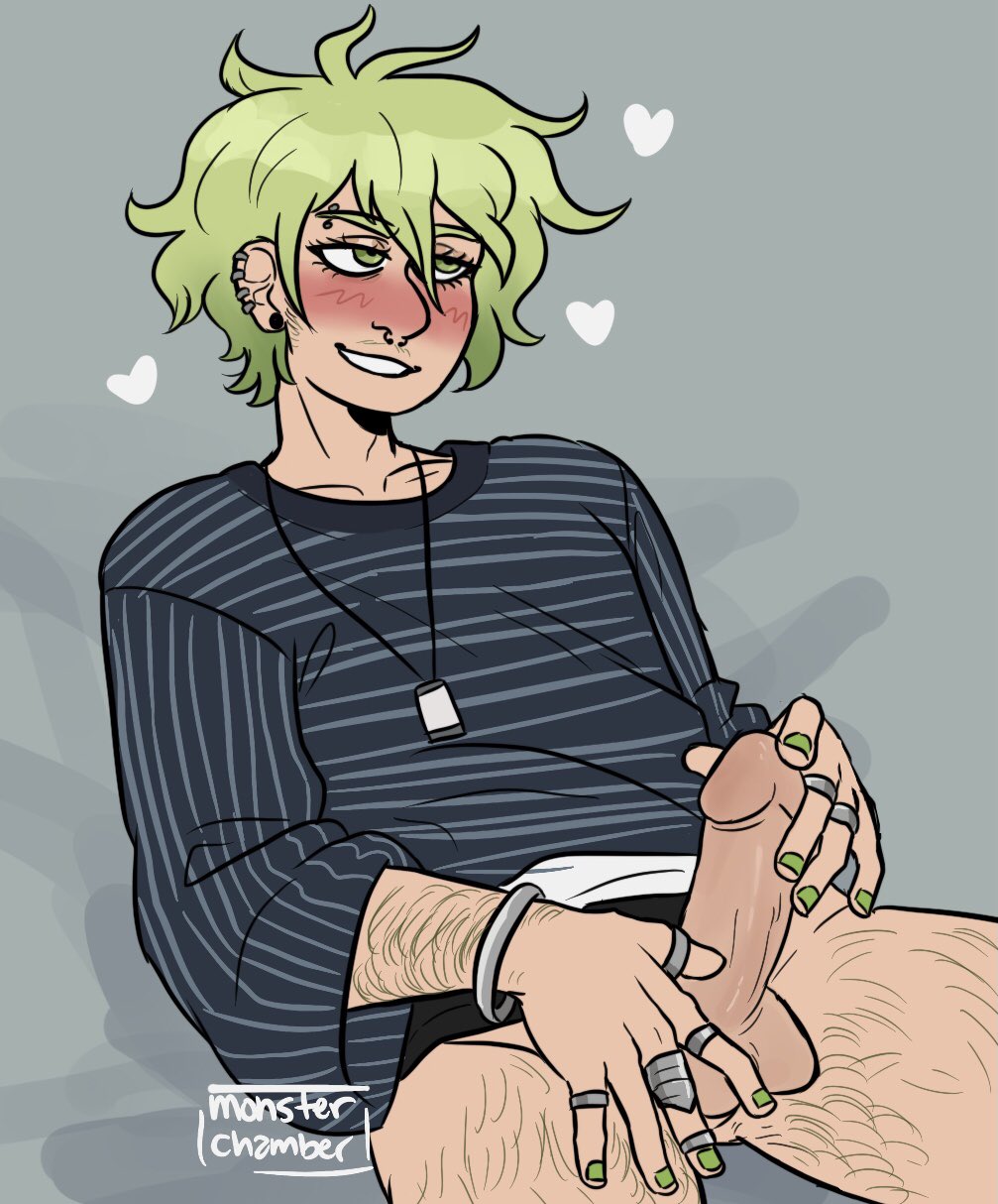 1boy blush bottomless bracelet clothed danganronpa danganronpa_v3 earrings erection eyebrow_piercing green_eyes green_hair half-closed_eyes jewelry male male_only masturbation monsterchamber necklace painted_nails penis rantaro_amami ring septum_piercing sitting smooth_skin solo tan_skin touching_penis