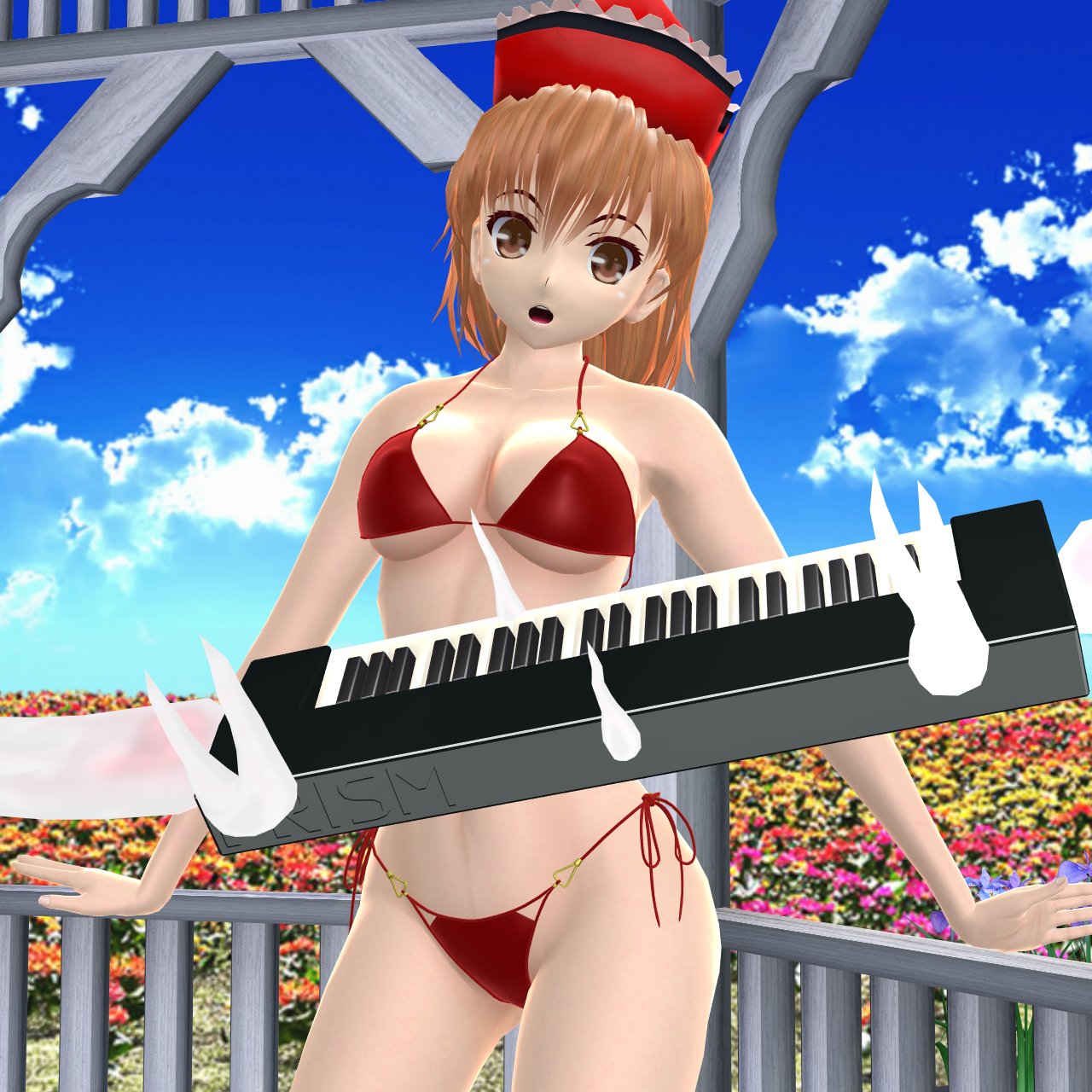 1girls 2024 3d_(artwork) bikini brown_eyes brown_hair_female clouds ghost_girl hati_yukkuri_mmd light-skinned_female looking_at_viewer lyrica_prismriver midriff mmd morning musical_instrument outside perfect_cherry_blossom piano poltergeist red_bikini red_hat sky solo_female solo_focus spirit swimsuit touhou wisp