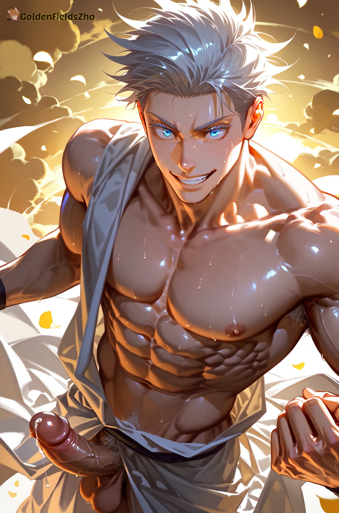 1boy abs ai_generated bara bare_pectorals blue_eyes cloud clouds erection goldenfieldszho grin jujutsu_kaisen large_pectorals looking_at_viewer male_focus male_only male_pubic_hair muscular muscular_male navel nipples pectorals penis petals pubic_hair satoru_gojo short_hair smile solo sweat teeth testicles uncensored veins white_hair