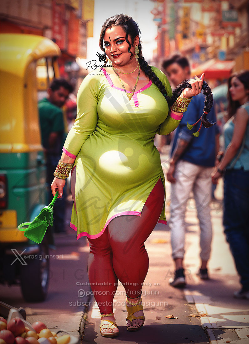 aunty bbw braid braided_hair chubby curvy indian jewelry milf natural_breasts nipple_piercing nude pubes pubic_hair public_nudity rasigunn rasigunn_digitalart sexy ssbbw