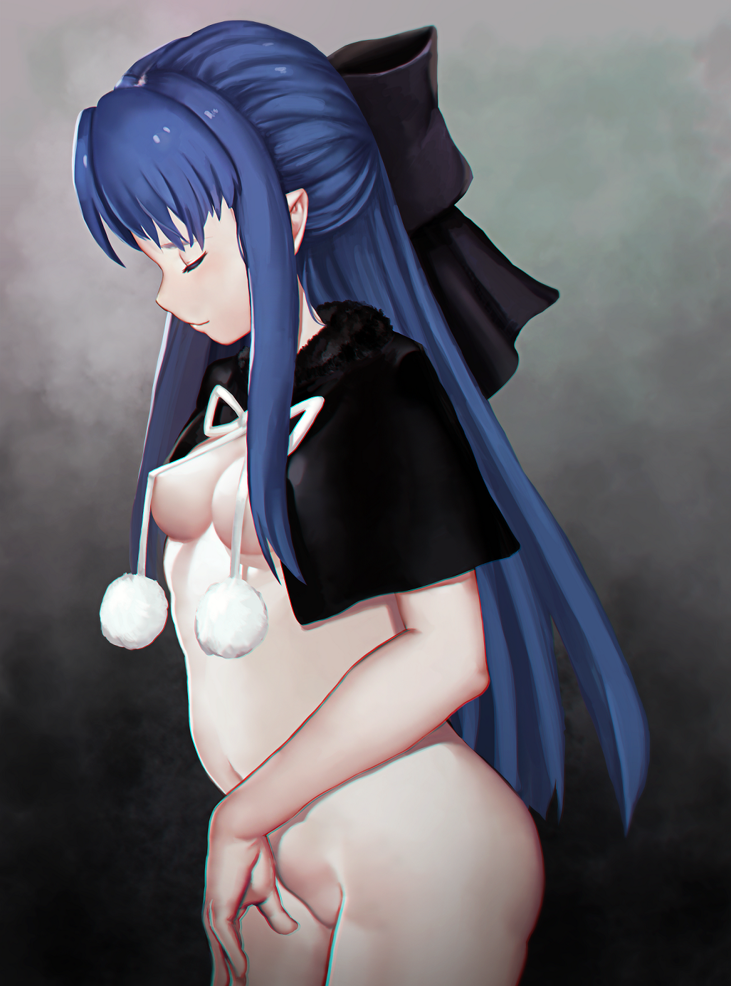 blue_hair capelet cleavage closed_eyes covered_nipples female_only fur_collar hair_ribbon hairbow kagetsu_tohya len len_(tsukihime) long_hair mostly_nude pale-skinned_female pale_skin partially_clothed pointy_ears small_breasts smile solo succubus tsukihime tsurupe type-moon