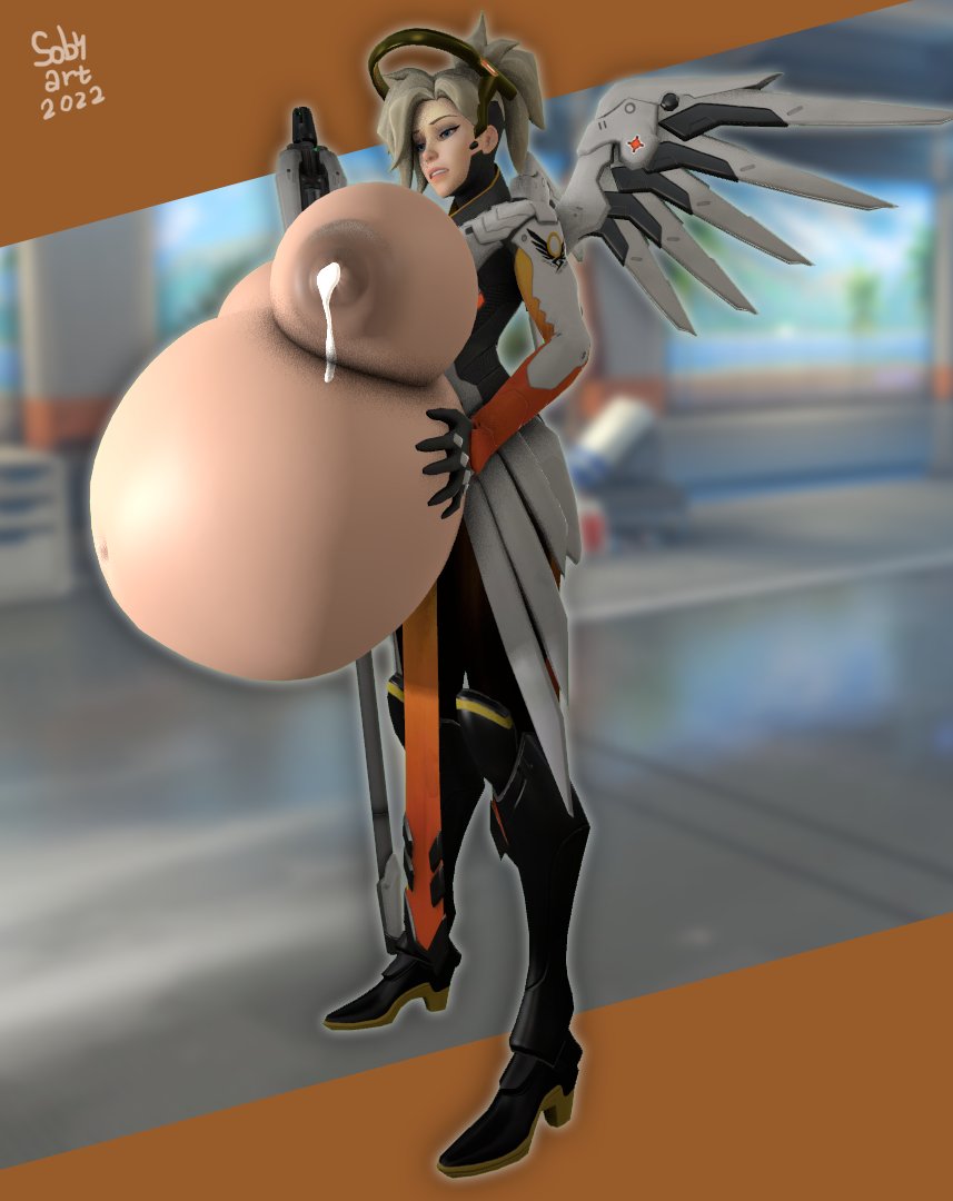 3d belly big_belly big_breasts blonde_hair bowlofsoba breasts female hand_on_belly huge_belly huge_breasts hyper_pregnancy lactation mercy nipples overwatch pregnant