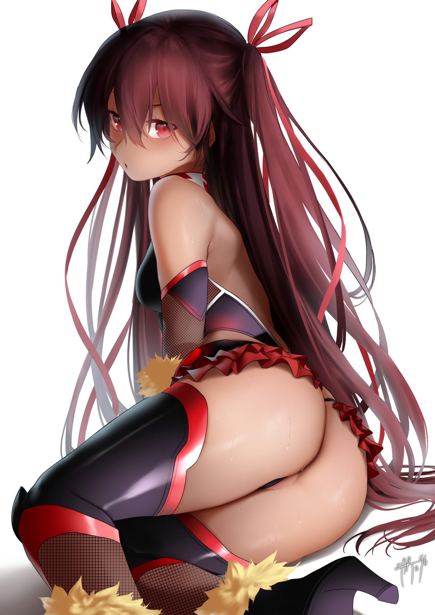 1girls, ass, bangs, black legwear, boots, breasts, dark skin, dark-skinned female, elbow gloves, female, female only, fishnets, from side, fur trim, fur-trimmed boots, gloves, hair between eyes, hair ribbon, high heel boots, high heels, highleg, highleg leotard, highres, leotard, long hair, looking at viewer, mizuki yukikaze, parted lips, partially visible vulva, pussy, pussy peek, red eyes, red ribbon, ribbon, shoulder blades, signature, small breasts, solo, sweat, symbol-only commentary, taimanin (series), taimanin suit, thigh boots, thighhighs, very long hair, zasshu96