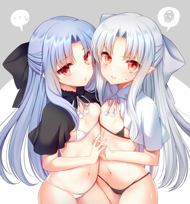 ... 2girls agekichi agekichi_(heart_shape) annoyed bikini black_bikini blue_hair blush capelet dual_persona female female_only flat_chest fur_collar hair_ribbon hairbow interlocked_fingers kagetsu_tohya len len_(tsukihime) long_hair looking_at_viewer melty_blood micro_bikini pointy_ears red_eyes small_breasts succubus sweatdrop swimsuit tsukihime type-moon white_bikini white_hair white_len