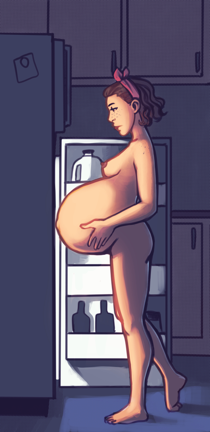 1girls belly big_belly breasts female female_only hand_on_belly kitchen navel nipples nude nude_female olympic-dames outie_navel popped_navel pregnant refrigerator sidebelly solo standing tagme