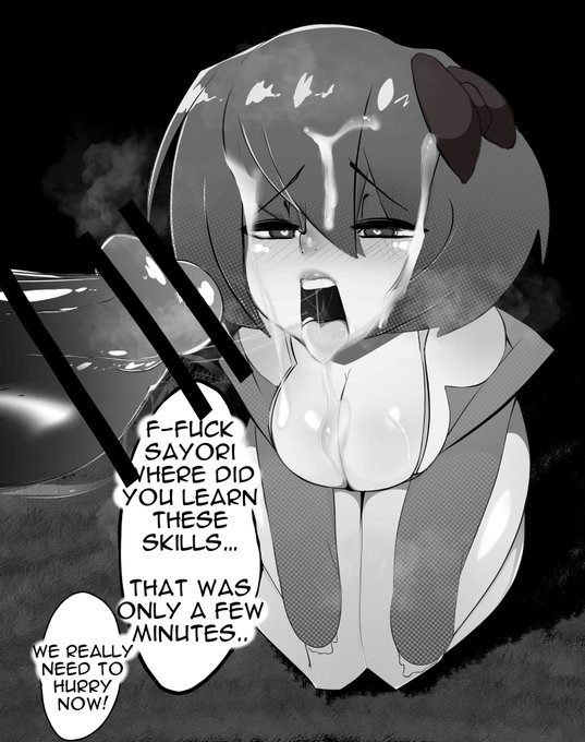 1boy, ahe gao, blowjob, censored penis, cleavage, covered in cum, cum drip, cum in mouth, dialogue, doki doki literature club, english, english text, fellatio, female, hairbow, heart-shaped pupils, male, on knees, penis, sayori (doki doki literature club), short hair, speech bubble, text, text bubble, twodust