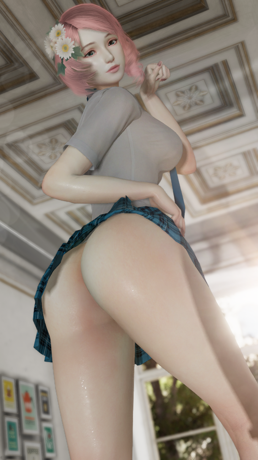 1girls 3d alisa_bosconovitch ass blue_eyes breasts clothes_pull clothing exposed_ass female female_only flower hair_flower hair_ornament high_resolution huge_ass large_ass large_breasts looking_at_viewer looking_back looking_down necktie no_panties no_pants odo1558 pale-skinned_female pale_skin pink_hair pleated_skirt presenting presenting_hindquarters shirt short_hair skirt skirt_lift skirt_pull solo tekken tekken_7 white_flower white_shirt