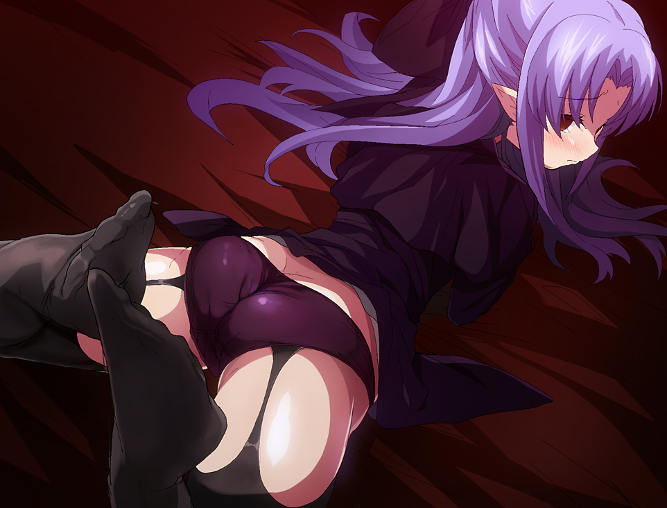 ass_focus black_legwear blush feet_up female female_only garter_straps hair_ribbon hairbow kagetsu_tohya lavender_hair len len_(tsukihime) long_hair looking_at_viewer looking_back melty_blood on_bed on_stomach panties pointy_ears red_eyes shimeji_nameko solo stockings succubus the_pose tsukihime type-moon