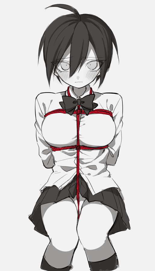 1girls ahoge between_breasts between_labia big_breasts blush bondage bound clothed danganronpa danganronpa_v3 female female_only gatoronpa looking_at_viewer restrained rope rope_between_breasts rope_bondage rule_63 saihara_shuuichi short_hair sitting skirt solo straight_hair tied_up upskirt