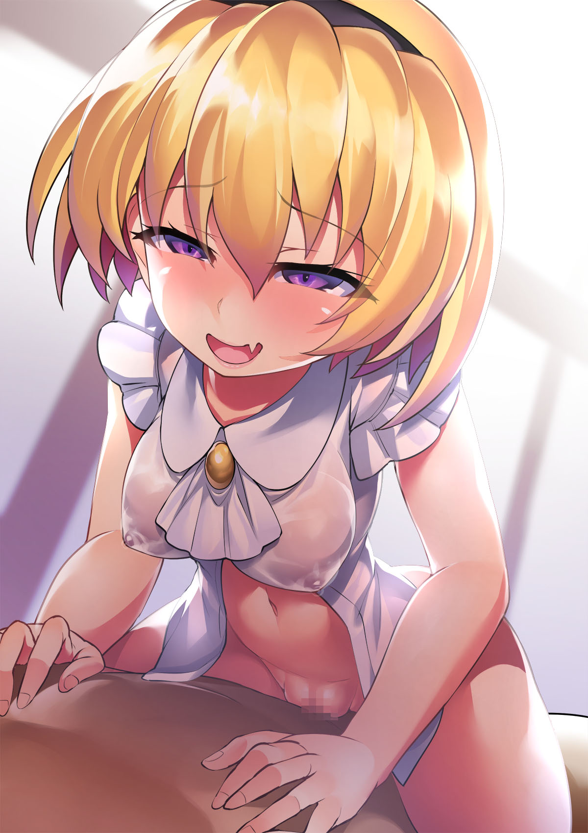 07th_expansion 1girls blonde_hair blush breasts censored collared_shirt commentary_request cowgirl_position cravat eyebrows_visible_through_hair frilled_shirt frills hairband highres higurashi_no_naku_koro_ni higurashi_no_naku_koro_ni_gou houjou_satoko katourennyu large_breasts mosaic_censoring navel nipples oerba_yun_fang penis purple_eyes seductive_smile shirt skin_fang sleeveless sleeveless_shirt smile solo_focus straddling straight tagme when_they_cry white_shirt