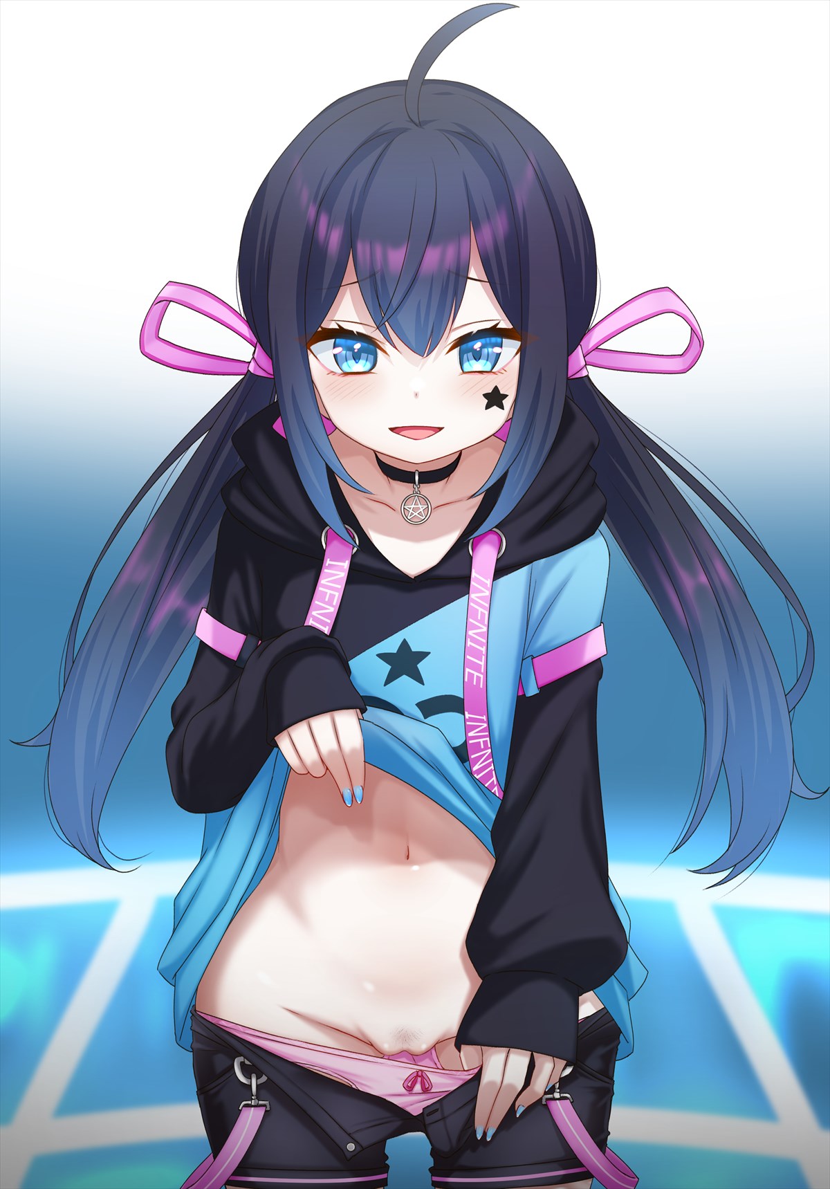 ahoge black_hair blue_eyes blue_hair blush choker clothes_pull female female_pubic_hair gradient_background highres hood hooded_jacket indie_virtual_youtuber jacket long_hair looking_at_viewer mugen_mochi nail_polish navel open_mouth panties panty_pull pentagram pink_panties pubic_hair pussy shorts shorts_pull smile solo star_(symbol) tori_(minamopa) twintails underwear virtual_youtuber young