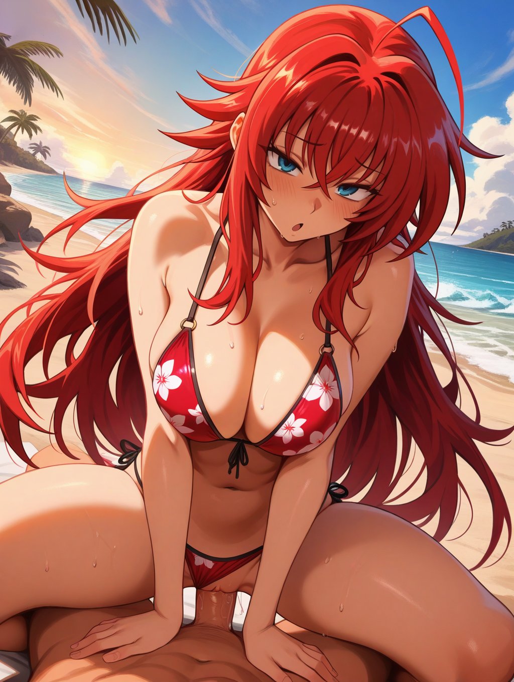 1boy 1girls ahoge ai_generated arm_support bangs bare_shoulders beach bikini bikini_bottom blue_eyes blue_sky blush breasts censored clavicle cleavage clothing clothing_aside cloud cowgirl_position cowgirl_position crossed_bangs curvaceous curvaceous_female curvaceous_figure curvy curvy_figure dark_skin day exhibitionism exhibitionist female female female_focus floral_print hair_between_eyes high_school_dxd huge_ahoge large_breasts long_hair looking_at_viewer male mosaic_censoring navel nipples nude ocean on_top open_mouth outdoor_sex outdoors outside outside_sex palm_tree penis pov print_bikini red_bikini red_hair red_swimsuit rias_gremory sand sex shiny side-tie_bikini_bottom side-tie_clothing side-tie_swimsuit sitting sky smile solo_focus spread_legs squatting_cowgirl_position straddling straight sweat swimsuit thighs tree vagina vaginal_penetration very_long_hair voluptuous voluptuous_female waifuinvoker water wet