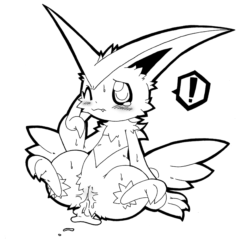 claw closed_mouth cum female female_only front_view monochrome mouth nintendo open_eyes paw pokemon pussy sitting solo victini vulva