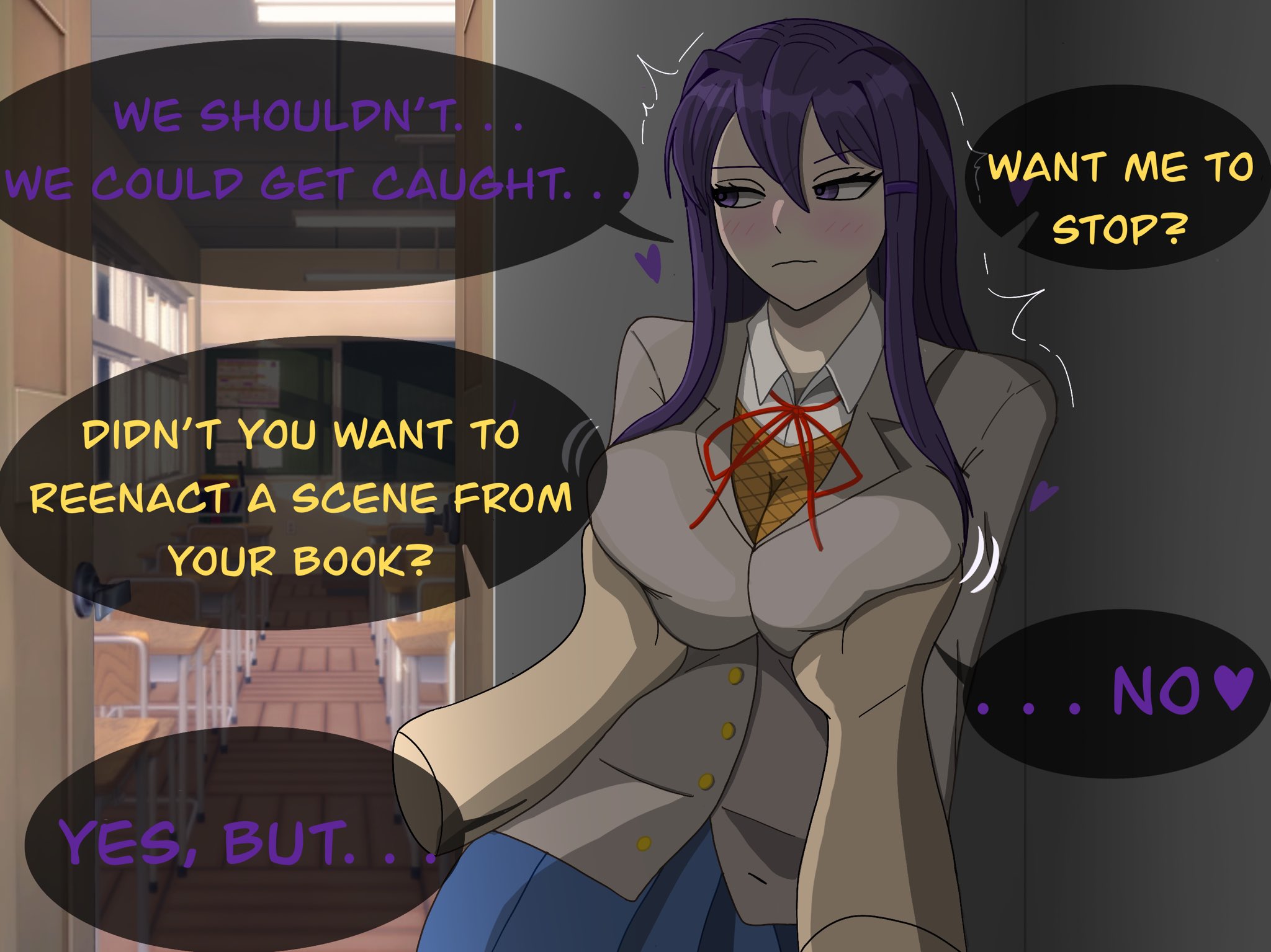 1boy, 1girls, bandoanimation, big breasts, breast grab, breasts, comic, comic page, doki doki literature club, double breast grab, english text, female, fondling, fondling breast, fondling breasts, heart, hearts, long hair, male, mc (doki doki literature club!), motion lines, purple eyes, purple hair, purple text, straight, text, unseen male face, yellow text, yuri (doki doki literature club)