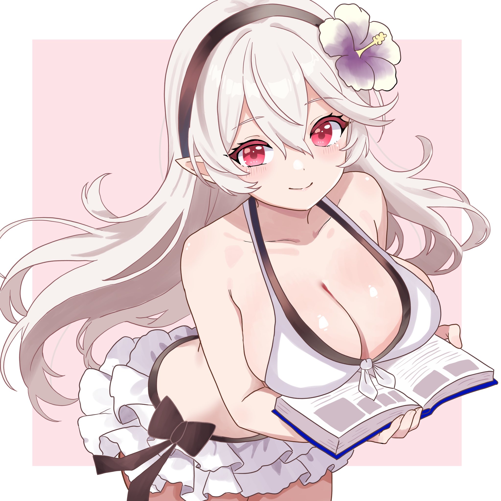 bikini, black hairband, blush, book, breasts, cleavage, corrin (fire emblem), corrin (fire emblem) (female), female, female only, fire emblem, fire emblem fates, fire emblem heroes, flower, grey hair, hair between eyes, hair flower, hair ornament, hairband, highres, large breasts, long hair, looking at viewer, n 54, navel, official alternate costume, pointy ears, red eyes, sideboob, skindentation, smile, solo, swimsuit, white bikini, white hair