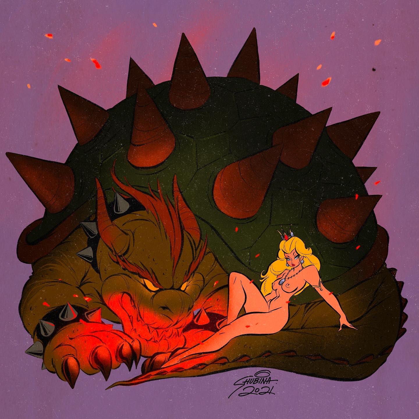 1boy 1girls 2021 anthro blonde_hair bowser breasts claws coller crown dragon duo ear_piercing extreme_size_difference female fire hair horns human koopa larger_male light_skin light_skinned_female long_hair long_tail male mammal mario_(series) monster nintendo nipples nude nude_female open_mouth princess princess_peach red_hair reptile royalty scalie shell spiked_collar spiked_shell sveta_shubina tail turtle voluptuous voluptuous_female