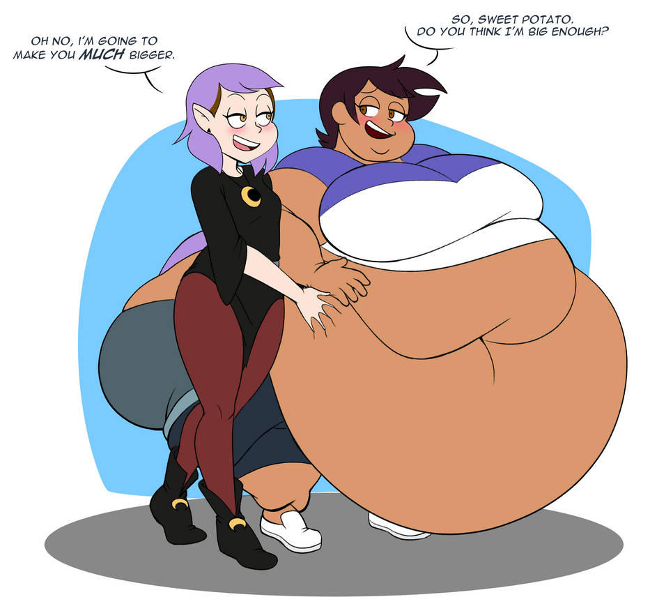 amity_blight big_breasts blush chubby_chaser crop_top feedee feeder feederism flirting gigantic_ass gigantic_belly implied_ass_cleavage implied_weight_gain jorts kbeezy52 lesbian_couple luz_noceda obese obese_female speech_bubble the_owl_house wide_hips