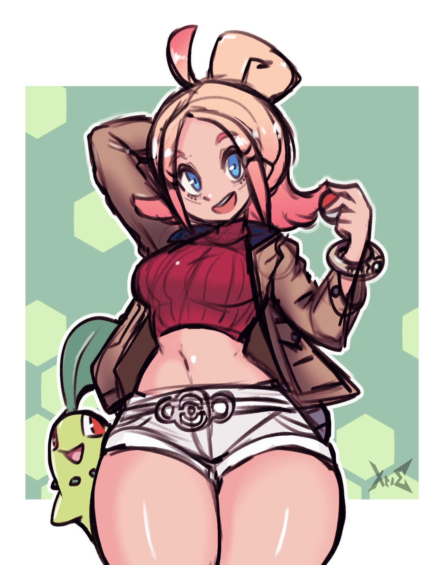 1girls, blonde hair, blue eyes, breasts, brown jacket, chicorita, chikorita, crop top, female, female only, forehead, game freak, gradient hair, highres, jacket, long sleeves, mismatched eyebrows, multicolored hair, navel, nintendo, pink eyebrows, pink hair, pokemon, sketch, solo focus, taunie (pokemon), thick thighs, thighs, townie (pokemon), turtleneck, two-tone hair, wide hips, xpisigma