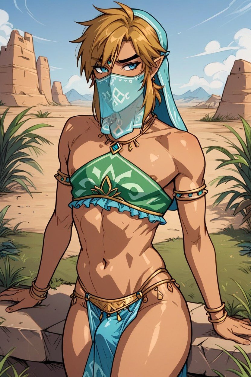 ai_generated blonde_hair blonde_male bulge femboy gerudo_link gerudo_outfit link link_(breath_of_the_wild) link_(tears_of_the_kingdom) mask nipple_slip nipples plumpthlump skinny skinny_male the_legend_of_zelda veil