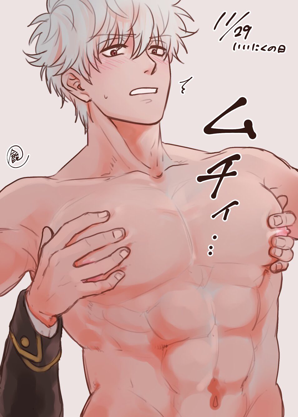 2boys abs ameyasorajiro blush embarrassed gay gintama gintoki_sakata groping groping_chest groping_from_behind hijikata_toshiro male male_only muscular muscular_male pec_grab pec_grasp pecs solo_focus surprised sweatdrop topless topless_male upper_body white_hair yaoi