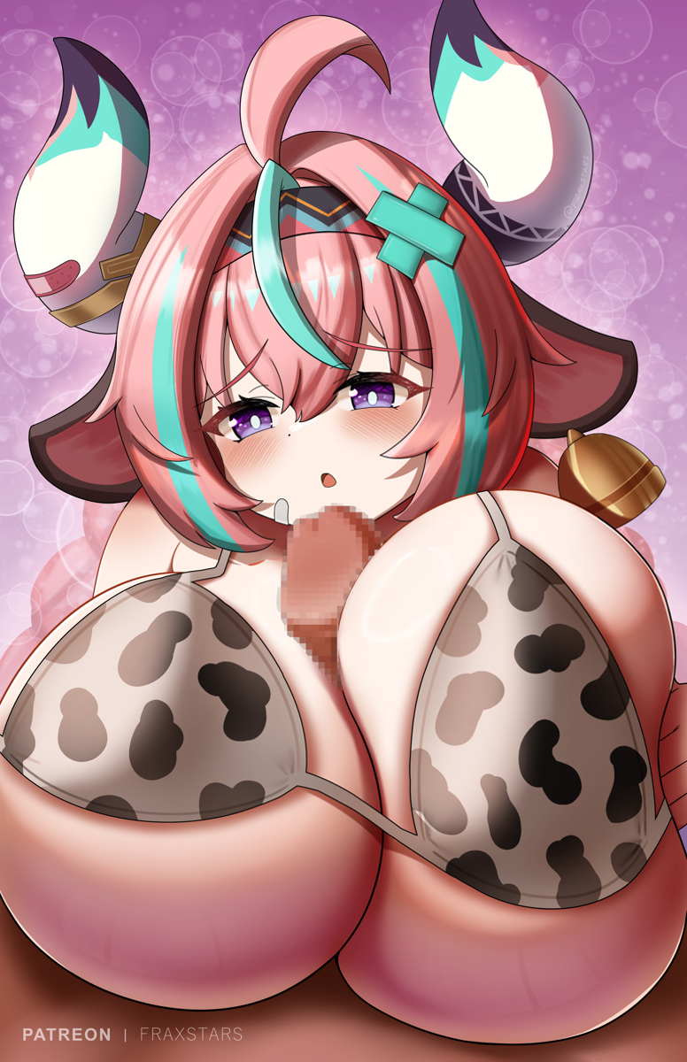 1boy 1girls bell big_breasts bikini blue_hair blush boobjob breast_squeeze breasts breasts_bigger_than_head clothed_paizuri cow_ears cow_girl cow_print cow_print_bikini english_text female female_only fraxstars genshin_impact hair_ornament horns hoyoverse huge_boobs huge_breasts inconvenient_breasts large_breasts light-skinned_female light_skin paizuri paizuri_lead_by_female paizuri_under_clothes penis pink_hair plump pov pressing_breasts_together purple_eyes squeezing_breast twin_braids two_tone_hair varesa varesa_(genshin_impact) violet_eyes