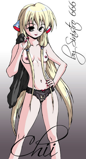 big_eyes breasts chii chobits female female_only front_view holding_object pale_skin panties solo standing tagme topless