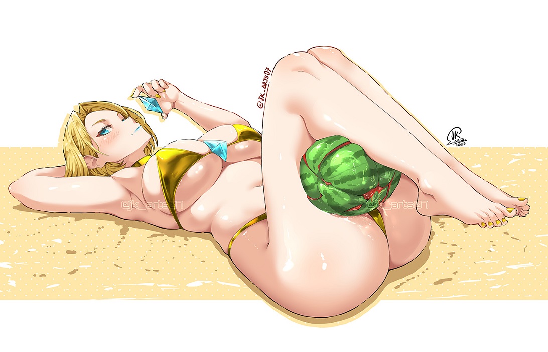 2d, barefoot, beach, bikini, bikini bottom, bikini top, blonde female, blonde hair, blue eyes, blue lipstick, bob cut, clothed, clothed female, emma frost, emma frost (marvel rivals), feet, female, golden bikini, jk arts07, marvel, marvel comics, marvel rivals, toenail polish, watermelon, watermelon crushing, white queen, x-men, yellow toenails