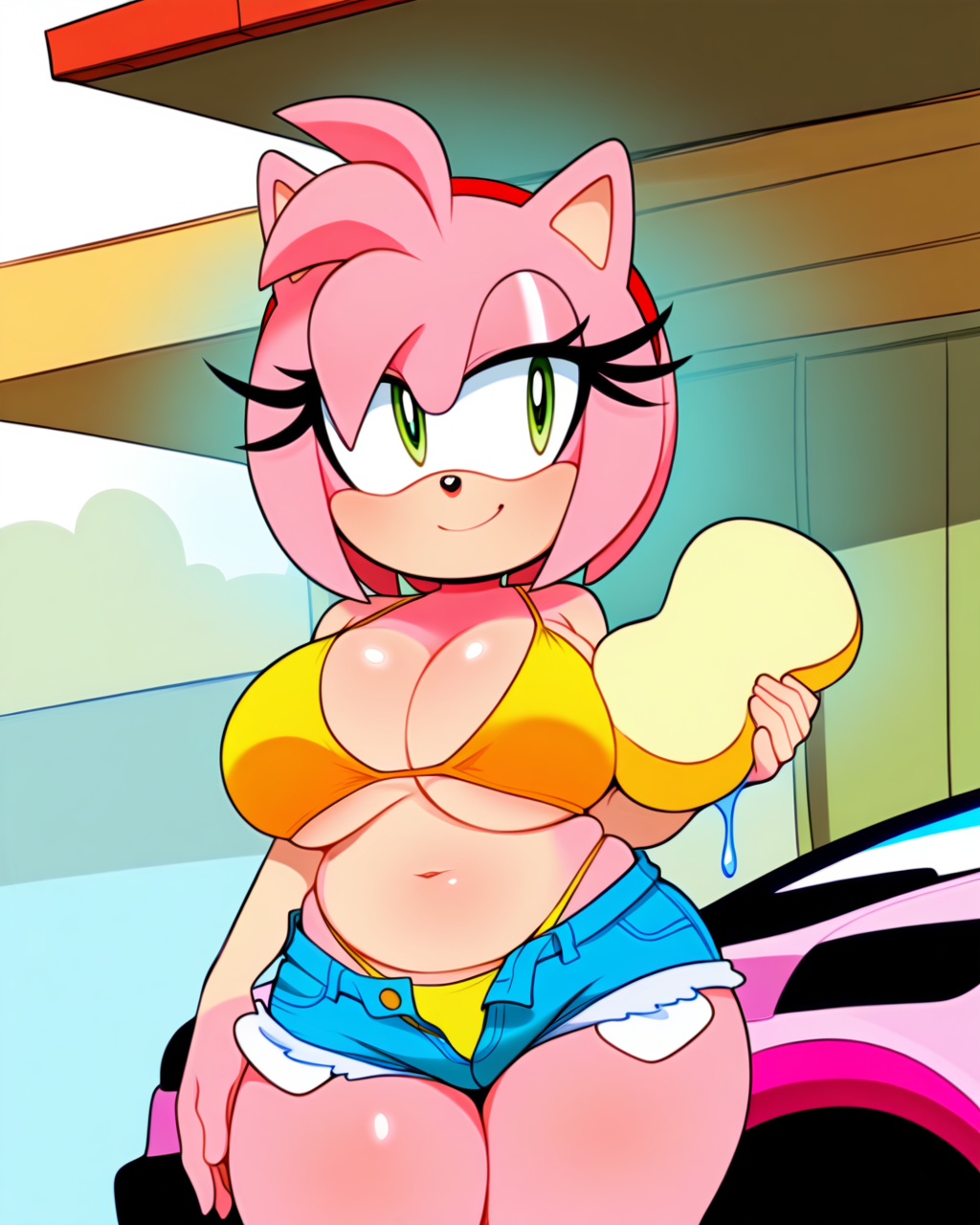 1girls 2d ai_generated amy_rose anthro anthro_only big_breasts bikini bikini_top car_wash chubby curvy curvy_body curvy_female curvy_figure denim_shorts female female female_only green_eyes half-closed_eyes hedgehog holding_sponge huge_breasts long_eyelashes pink_fur red_hairband short_shorts shortstack skindentation slightly_chubby slightly_chubby_anthro slightly_chubby_female smile solo solo_female sonic_(series) sonic_the_hedgehog_(series) thick thick_eyelashes thick_thighs thong_straps underboob unzipped unzipped_shorts voluptuous voluptuous_anthro voluptuous_female wide_hips yellow_bikini