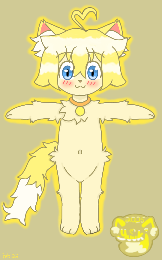 ahoge anthro asserting_dominance belly blue_eyes blush blush_lines collar feet felid feline fluffy fluffy_ears fluffy_tail fur hair heart_ahoge highlights_(coloring) humanoid male mammal navel no_thoughts orange_collar owo pink_nose short_hair simple_background solo t-pose tail watermark yellow_body yellow_fur yuuki_nicolas_(yuuki_uwu) yuuki_uwu yuukigameruwu