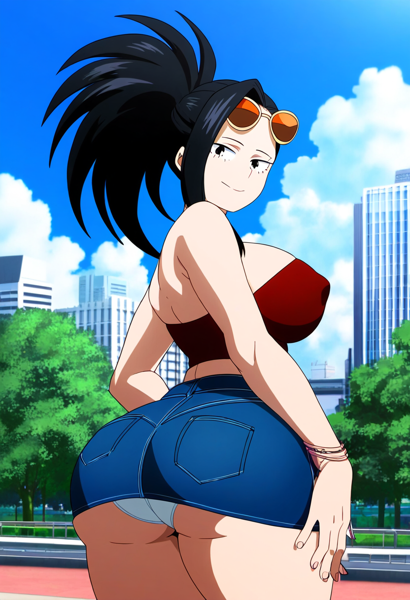 ai_generated anime_screencap big_ass black_eyes black_hair covered_nipples denim_skirt huge_breasts light-skinned_female momo_yaoyorozu my_hero_academia park ponytail selvokaz smile sunglasses_on_head tagme tubetop white_panties wrist_jewelry