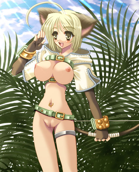 :d ahoge animal_ears bad_id belt belt_buckle blonde_hair blue_sky bow_(weapon) breasts brown_gloves buckle cat_ears censored cloud day elbow_gloves female fingerless_gloves gloves green_belt hakoiri_nyanko hand_up holding holding_bow_(weapon) holding_weapon huge_ahoge hunter_(ragnarok_online) jewelry large_breasts legs_apart light_rays loose_belt mosaic_censoring navel navel_piercing nipples open_mouth outdoors piercing pussy ragnarok_online short_hair sky smile solo standing teeth thighlet upper_teeth_only weapon yellow_eyes