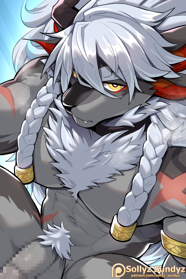 1boy abs bara braid chest_fur closed_mouth cross_scar dislyte english_commentary flaccid foreskin furry furry_male horns looking_at_viewer male_focus multiple_animal_ears muscular muscular_male navel oerba_yun_fang patreon_logo patreon_username pectorals penis pubic_hair scar scar_on_arm scar_on_stomach single_horn sollyz sui_zai_(beast_nian)_(dislyte) sui_zai_(dislyte) topless_male white_hair