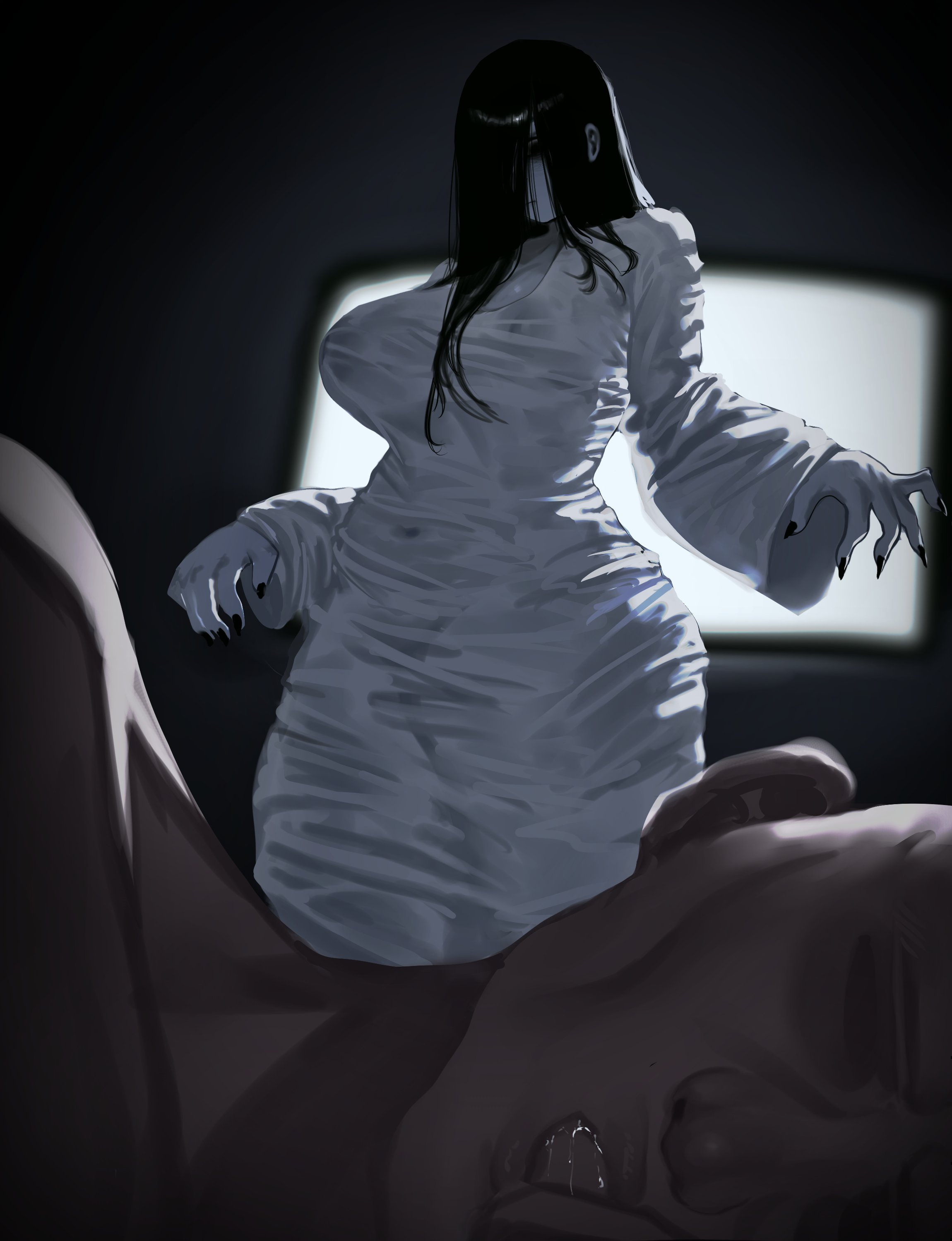 1boy, 1girls, 2d, ass, big ass, big breasts, black hair, black nails, breasts, curvy, curvy body, curvy female, curvy figure, dress, female, ghost, ghost girl, light skin, light-skinned female, male, moe code, pale skin, pale-skinned female, sadako yamamura, see-through clothing, sleeping, the ring, thick thighs, thighs, white dress, yamamura sadako