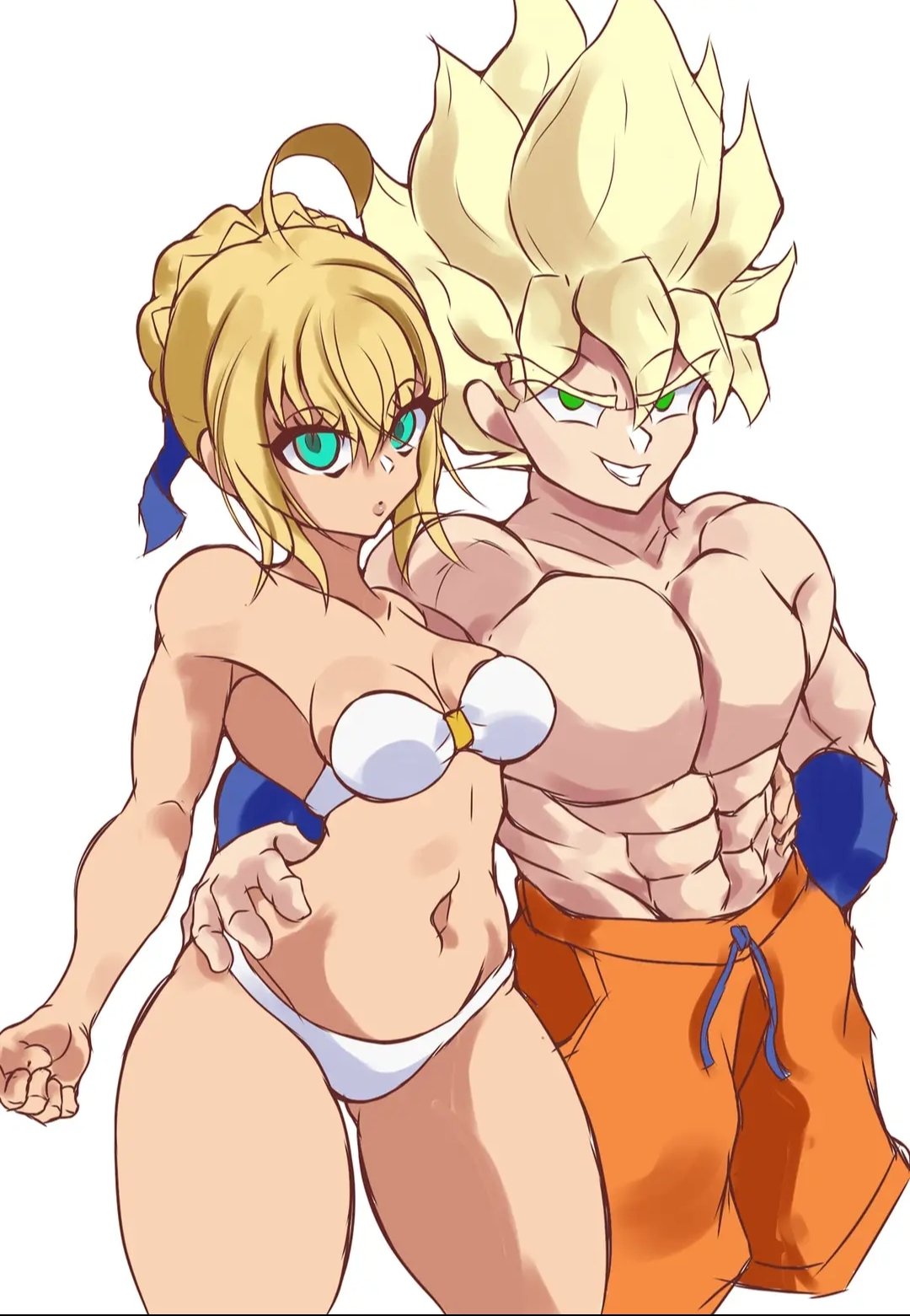 1boy1girl artoria_pendragon black_hair blonde_hair crossover dragon_ball fate/stay_night fate_(series) saber son_goku