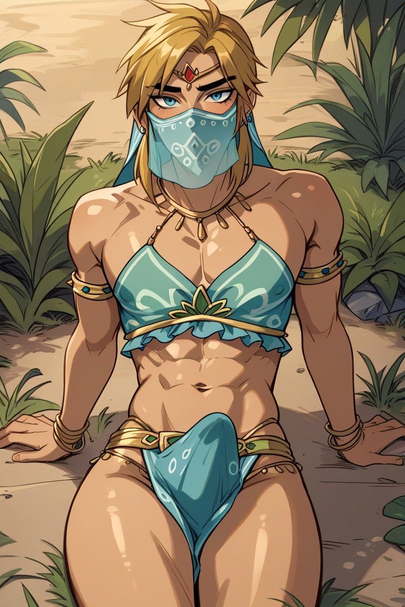 abs ai_generated blonde_hair blonde_male erection erection_under_clothes erection_under_clothing eye_contact femboy gerudo_link gerudo_outfit leaning_back link link_(breath_of_the_wild) link_(tears_of_the_kingdom) mask nipples_visible_through_clothing plumpthlump skinny skinny_male the_legend_of_zelda toned toned_male toned_stomach veil