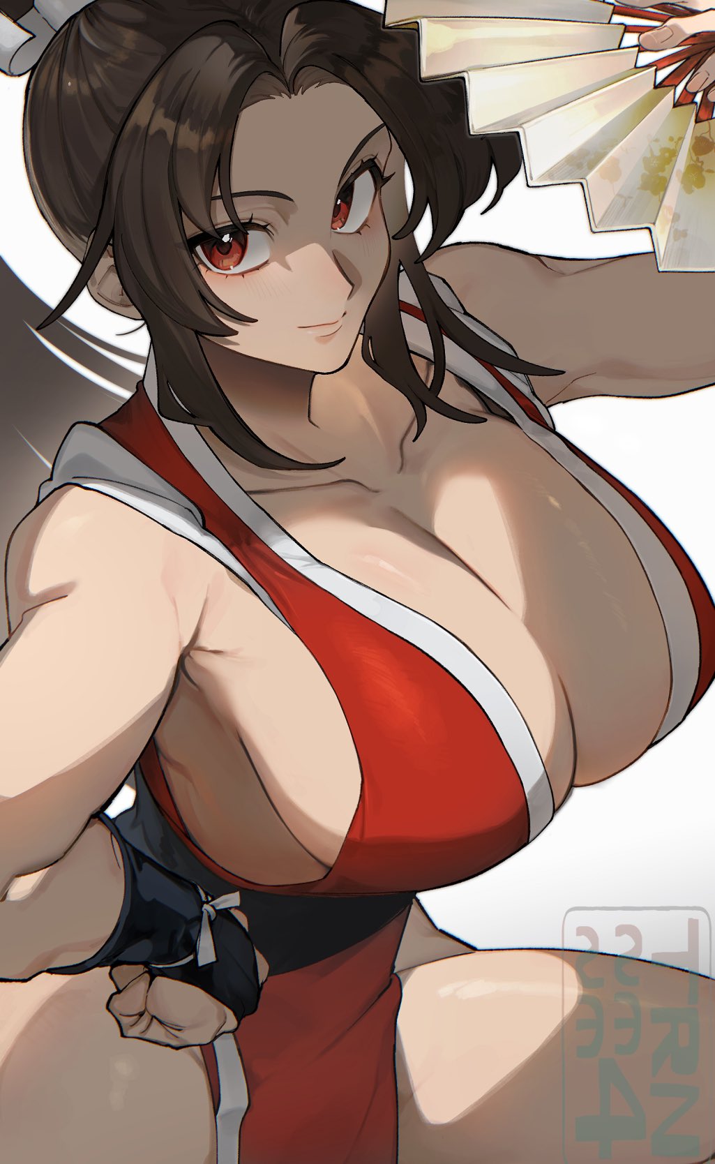 1girls arm_up artist_logo big_breasts breasts brown_hair cleavage close-up closed_mouth commentary_request female folding_fan hand_fan hand_on_own_hip high_ponytail highres huge_breasts japanese_clothes king_of_fighters light_blush logo long_hair looking_at_viewer mai_shiranui motoyui ninja no_bra obi pelvic_curtain ponytail red_eyes revealing_clothes sash shiranui_mai sideboob simple_background smile solo the_king_of_fighters thighs trnnmnm4 trnnmnm4 white_background