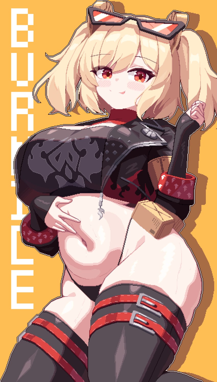 :q black_jacket black_panties black_shirt black_thighhighs blonde_hair blush_stickers breasts burnice_white character_name closed_mouth commentary crop_top cropped_jacket cropped_shirt eyewear_on_head female hand_on_own_stomach hand_up hashtag-only_commentary highres jacket kneeling large_breasts long_hair navel open_clothes open_jacket panties piaomao pixel_art red_eyes shirt smile solo stomach sunglasses thighhighs tongue tongue_out twintails underwear very_long_hair yellow_background zenless_zone_zero