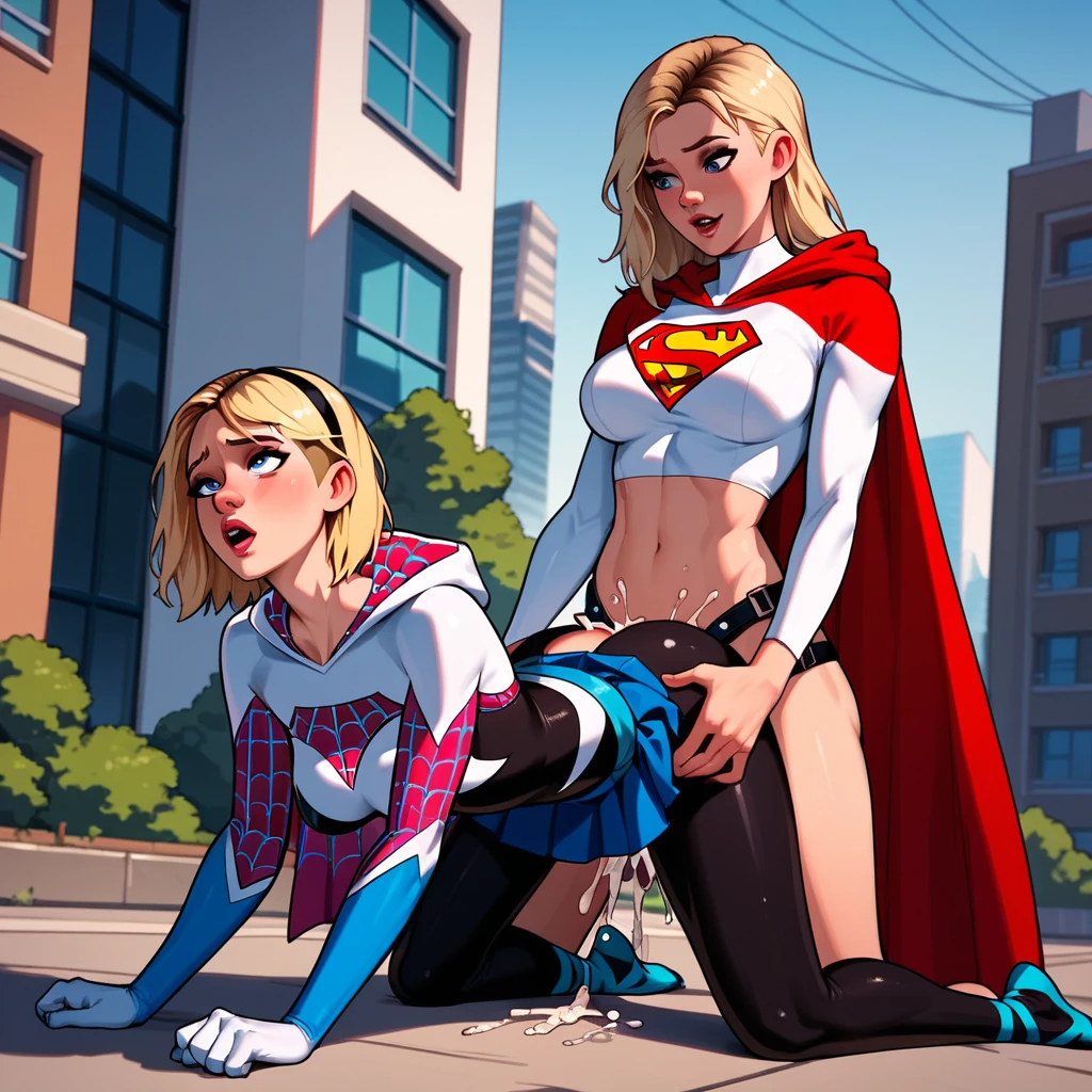 2girls ai_generated blonde_hair crossover cum dc_comics doggy_style girls_only gwen_stacy lesbian_sex marvel skirt spider-gwen strap-on_sex supergirl superheroine yuri