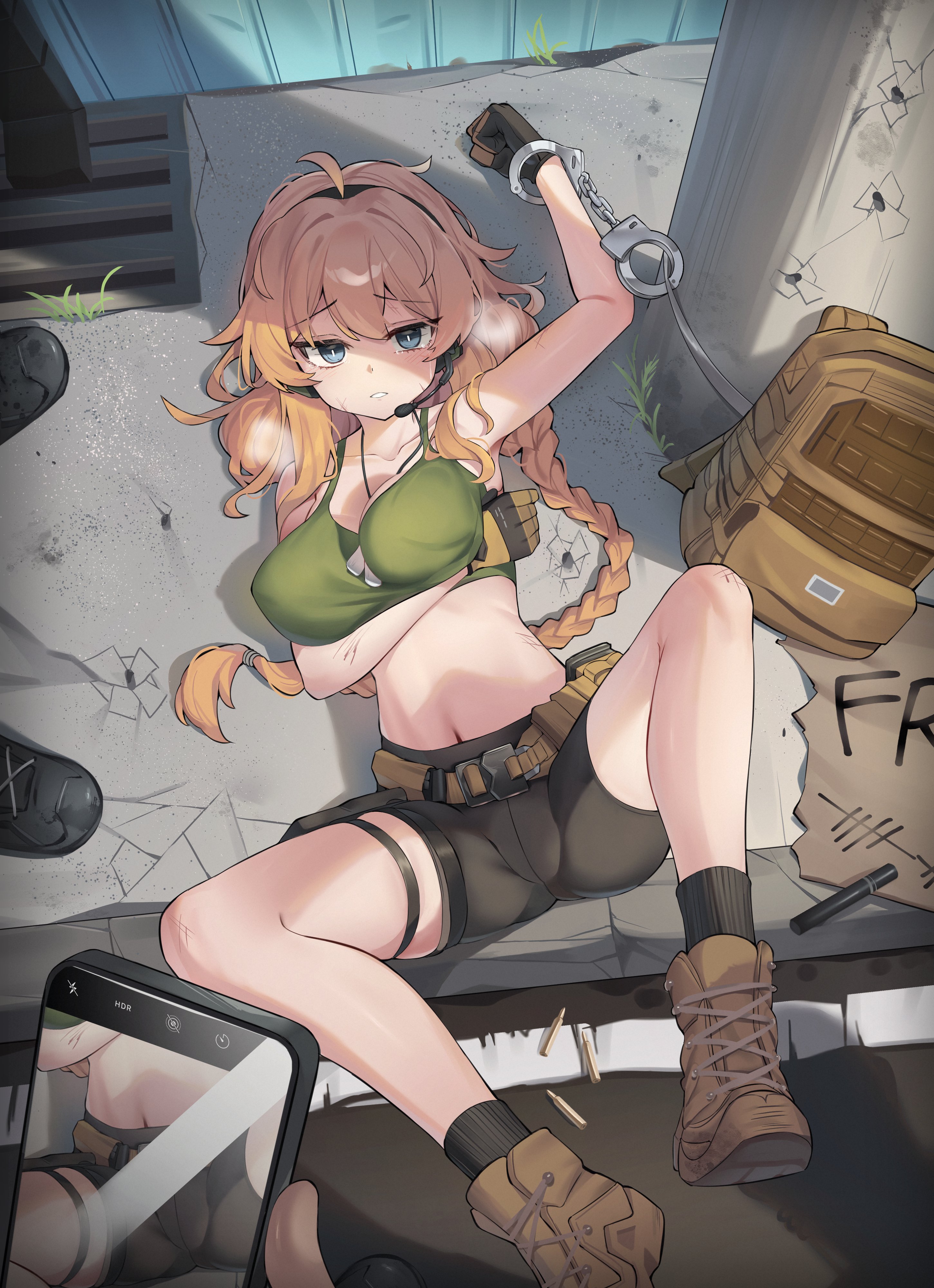 blonde female, blonde hair, female, filming, handcuffs, looking at viewer, tactical gear, virtual youtuber, whiskey project