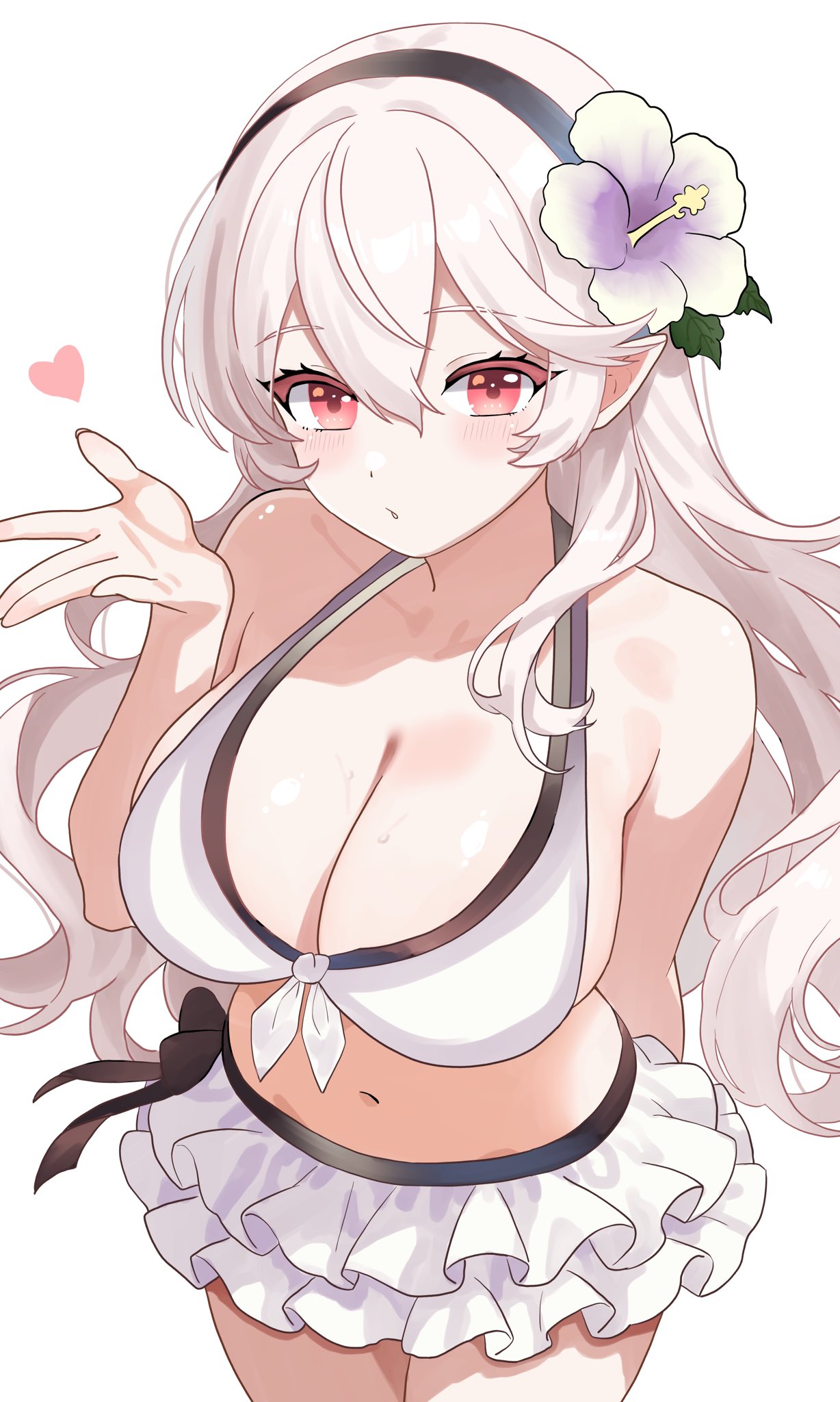 bikini black_hairband blowing_kiss blush breasts cleavage corrin_(female)_(fire_emblem) corrin_(female)_(novice_vacationer)_(fire_emblem) corrin_(fire_emblem) corrin_(fire_emblem)_(female) female fire_emblem fire_emblem_fates fire_emblem_heroes flower grey_hair hair_between_eyes hair_flower hair_ornament hairband highres large_breasts long_hair looking_at_viewer n_54 navel official_alternate_costume pointy_ears red_eyes smile solo swimsuit white_bikini white_hair