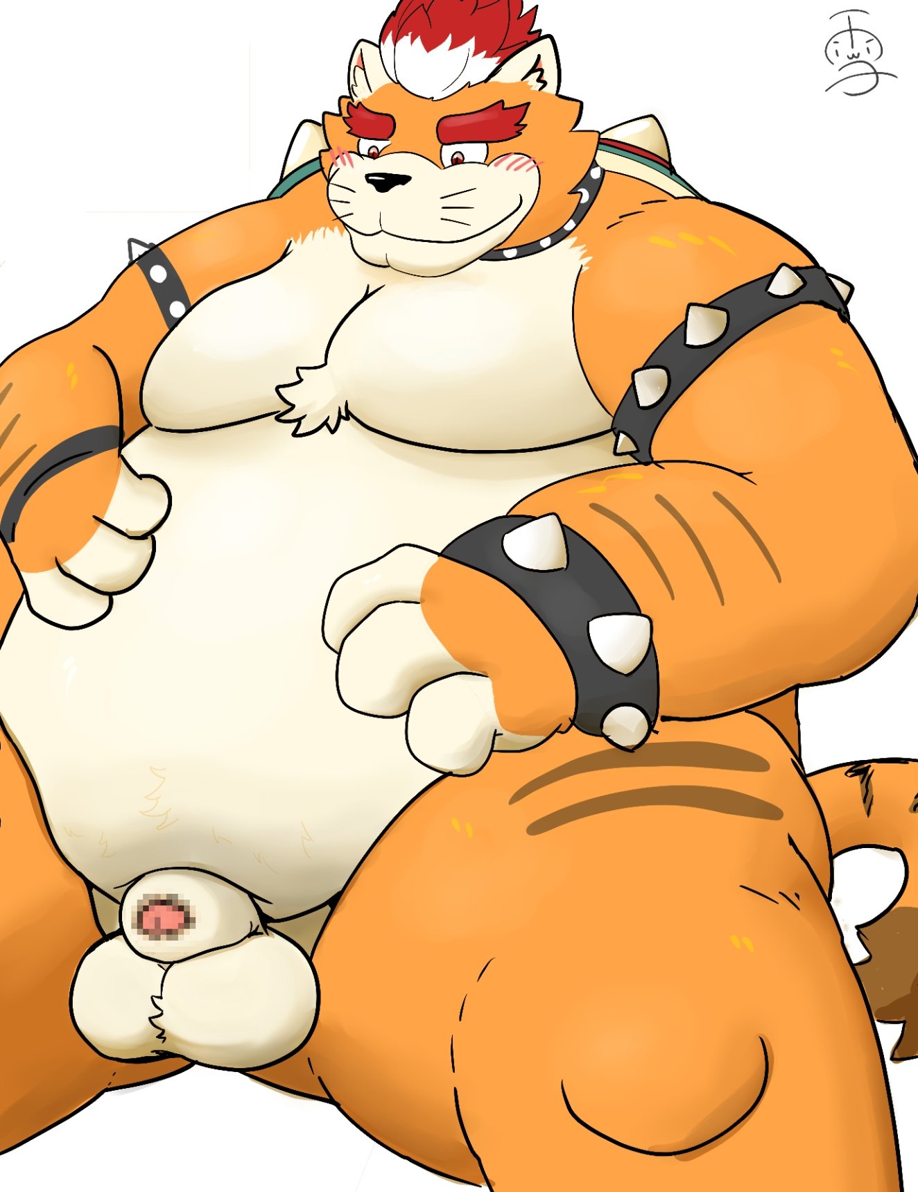 2022 anthro balls belly big_belly blush bowser censored felid feline genitals hi_res kemono male male_only mammal mario_(series) meowser moobs nintendo orange_body overweight overweight_male panthera7uncia penis sitting solo super_mario_3d_world video_games