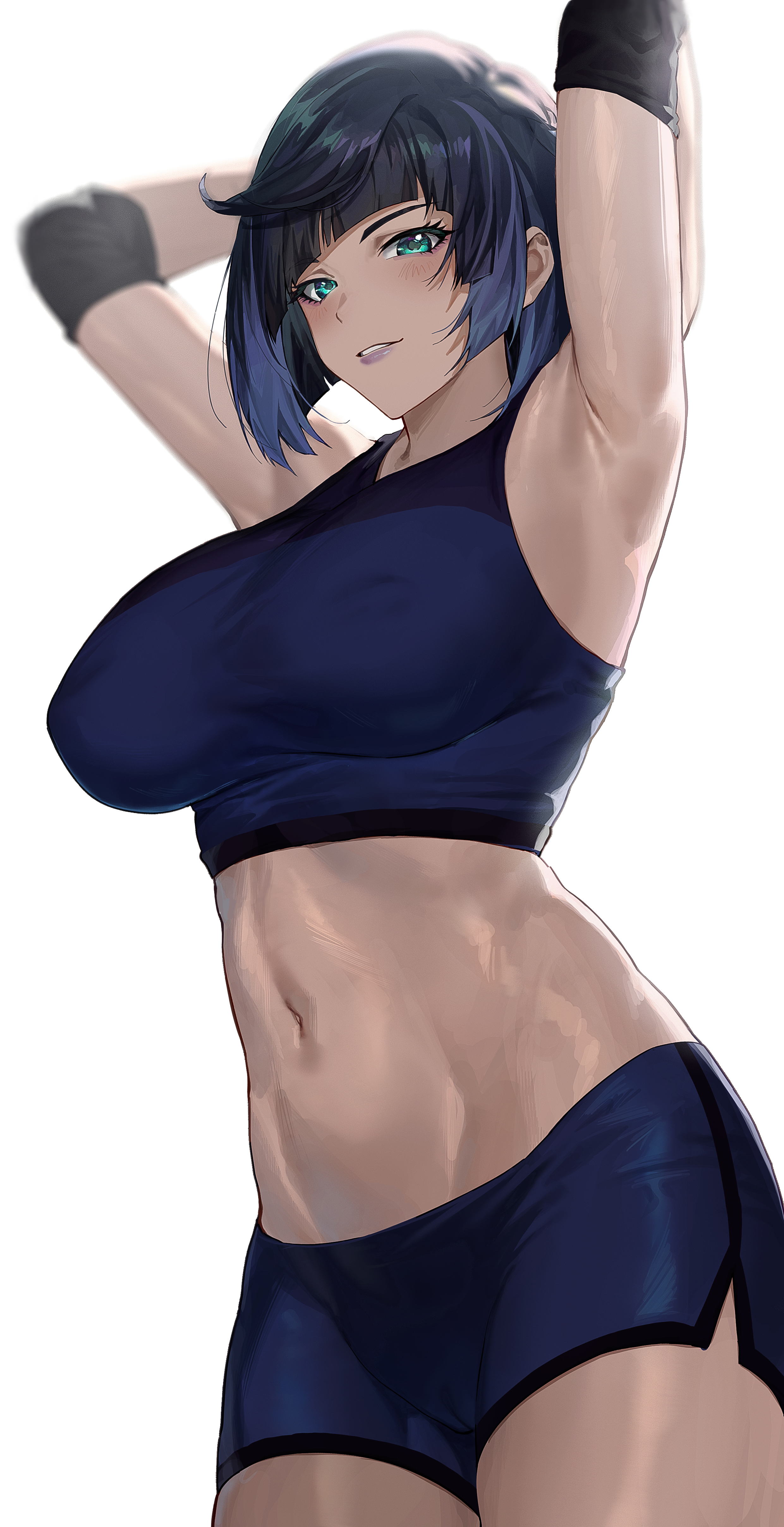 1girls, abs, absurd res, armpits, arms up, bangs, belly button, big breasts, blue hair, blush, breasts, cozyu, female, genshin impact, green eyes, hi res, highres, hips, huge breasts, large breasts, looking at viewer, looking down, midriff, navel, nipple bulge, plain background, short hair, shorts, simple background, slim waist, small waist, smile, solo, sports bra, sportswear, thighs, waist, white background, wide hips, yelan (genshin impact)