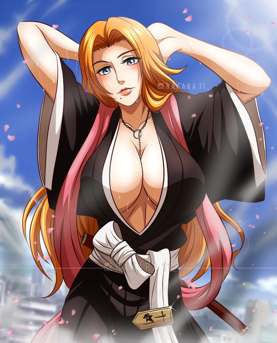 1girls, arms up, bleach, blue eyes, boob window, breasts, busty, chains, cleavage, curvaceous, curvy, curvy body, curvy female, curvy figure, female, female focus, female only, japanese clothes, katana, kimono, lace, large breasts, linea alba, long hair, looking at viewer, matsumoto rangiku, midriff, mole, mole under mouth, navel, orange hair, orange-haired female, pose, rakara11, solo, solo focus, sweat, sword, title, voluptuous, weapon