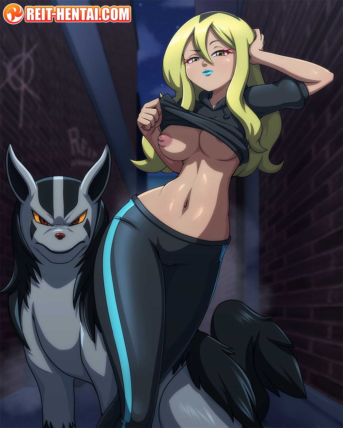 1girls big_breasts blonde_hair blue_lipstick delinquent_(pokemon) female game_freak lipstick long_hair looking_at_viewer mightyena night nintendo nipples npc_trainer pokemon pokemon_oras pokemon_trainer reit streetwear tagme watermark year_request