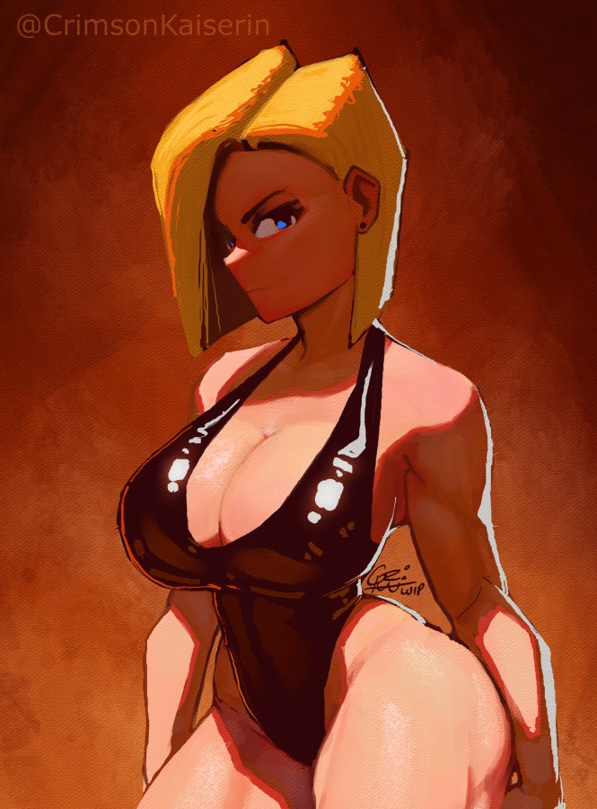 1girls, alternate version available, android 18, big breasts, blonde hair, blue eyes, breasts, crimson kaiserin, dragon ball, female, female only, fully clothed, large breasts, looking at viewer, one-piece swimsuit, short hair, solo, standing, swimsuit, thick thighs