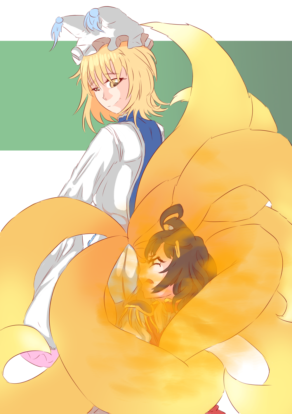 2girls ahoge black_hair blonde_hair chen fart fart_cloud fart_fetish farting farting_in_face hat looking_back multiple_girls multiple_tails open_mouth pervdarkling_(artist) ran_yakumo short_hair smile tail touhou yellow_eyes yuri