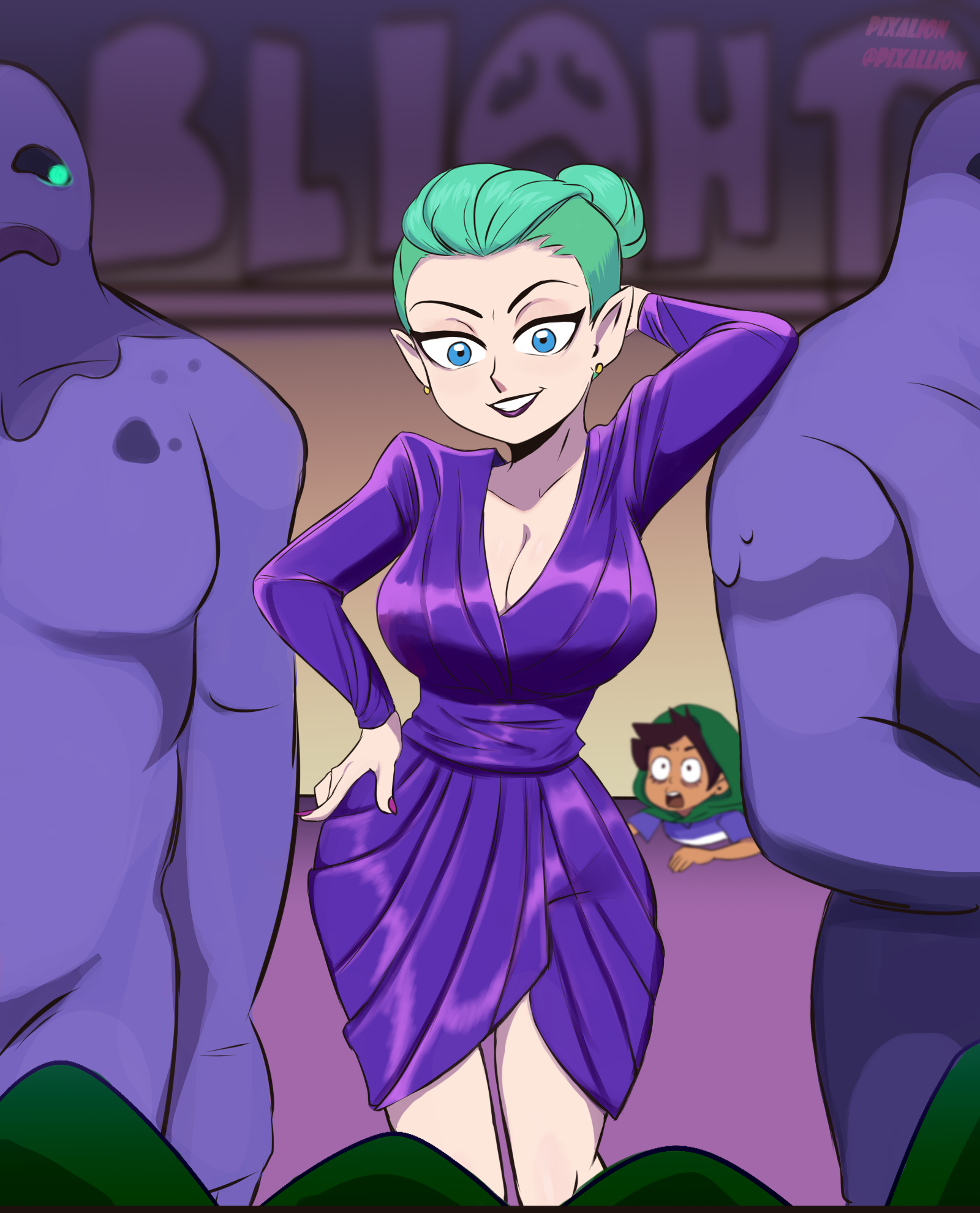 abomination (the owl house), blue eyes, breasts, cleavage, disney, disney channel, dress, female, green hair, grin, hair bun, hair pulled back, hand on head, hand on hip, large breasts, long sleeves, luz noceda, odalia blight, pixalion, pointy ears, purple dress, shocked, short dress, smile, the owl house